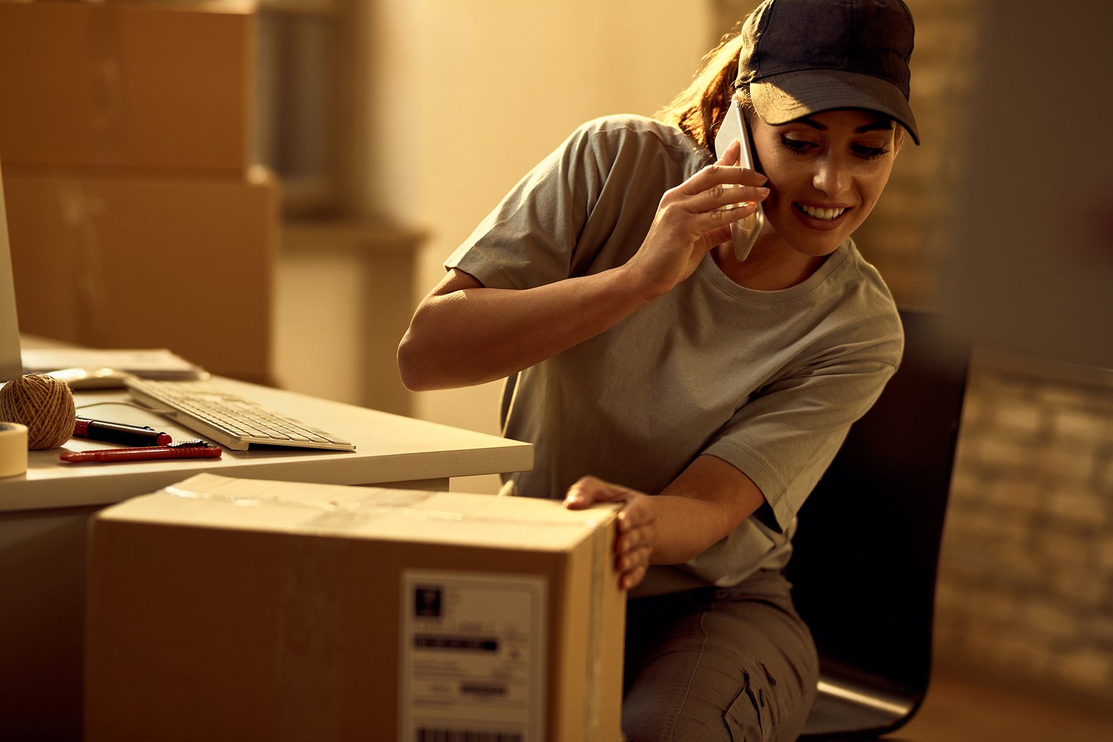 Person packing e-commerce parcels ready for door to door shipping